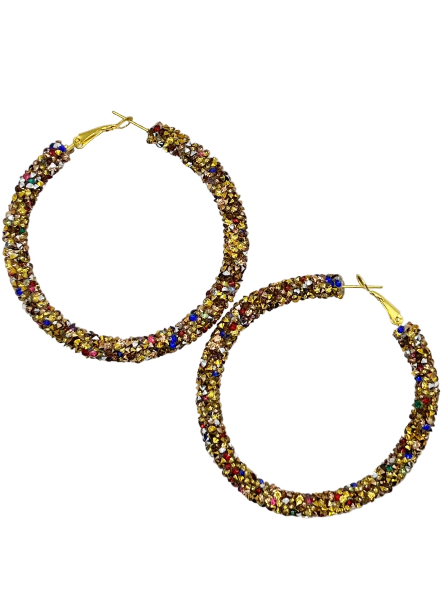 Pair of gold hoop earrings with multicolored beads on a white background