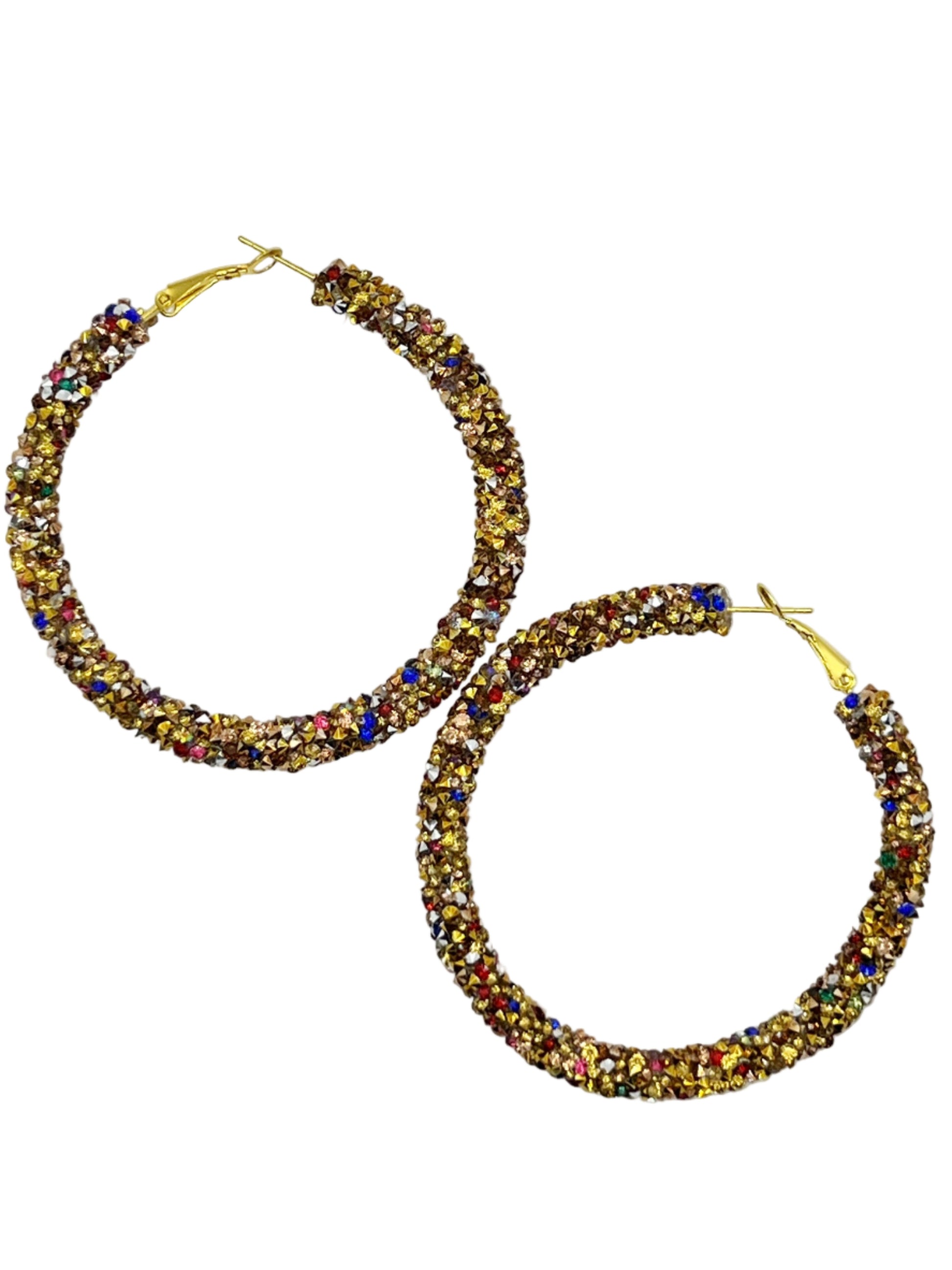 Pair of gold hoop earrings with multicolored beads on a white background