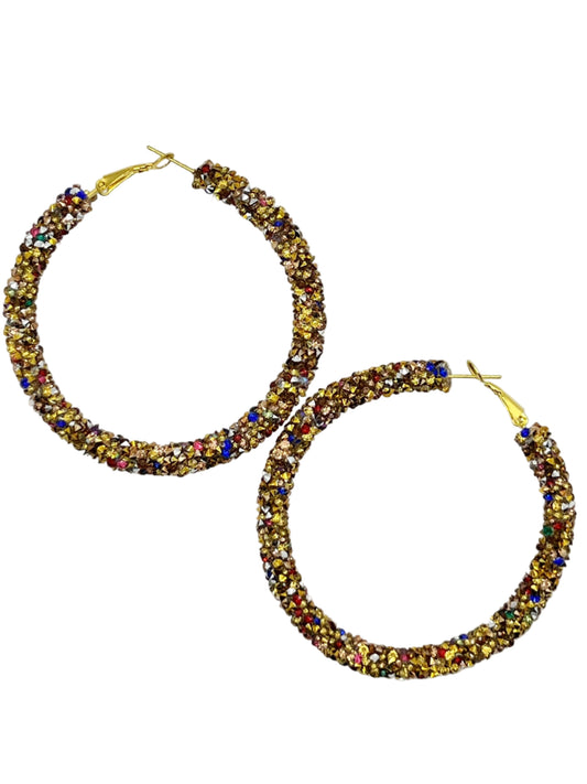 Pair of gold hoop earrings with multicolored beads on a white background
