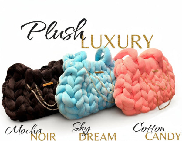 Three plush bags in Mocha, Sky, and Cotton Candy colors on a pink background with 'Plush Luxury' text.
